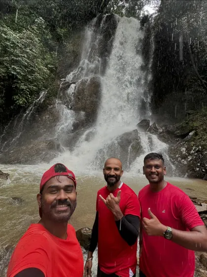 A selfie with friends at a waterfall. The camaraderie and fun we have on these trips is just as important as the destination.