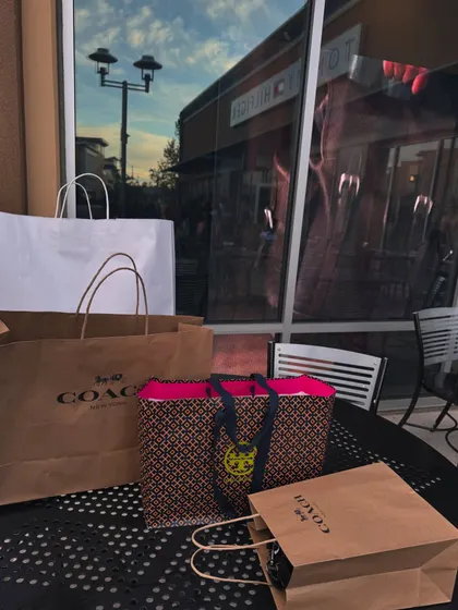 A successful shopping haul, with bags from Coach and Tory Burch.