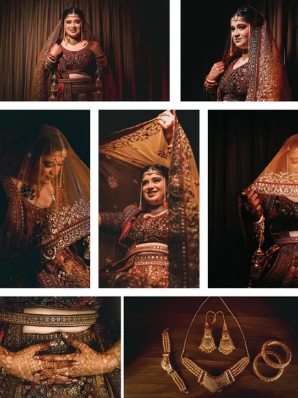 A collage showcasing the bride's complete look, from her intricate lehenga and henna to her stunning jewelry. This is a perfect summary of her bridal transformation.