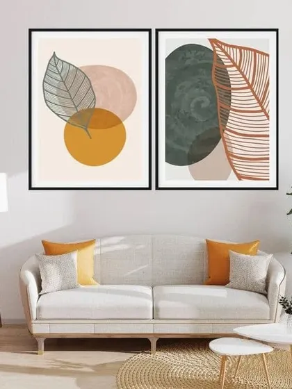 This set of two botanical prints combines line art leaves with abstract, colorful shapes. The mix of textures and styles creates a unique and artistic look that is both modern and natural.