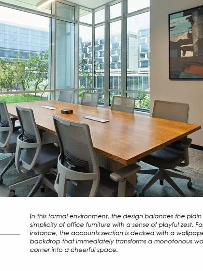 A quote from the feature, describing how we balanced the simplicity of office furniture with playful elements like a wallpaper backdrop to create a cheerful work corner.