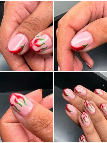 A collage of the "mirchi" nail art. This design is on fire.