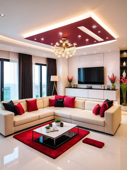 A sophisticated living room with a classic red, black, and white color palette. The tray ceiling and elegant furniture create a timeless and luxurious feel.