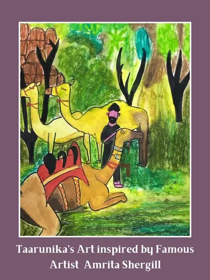 Here, Taarunika takes inspiration from the famous artist Amrita Shergill to create a colorful scene with camels.