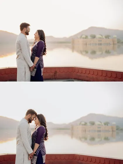 Two romantic poses against the stunning backdrop of Jal Mahal at sunset. This highlights our expertise in capturing the perfect light for pre-wedding photography.