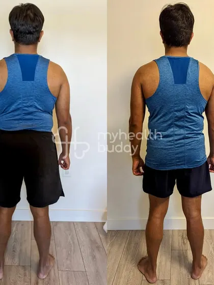 Back view of my client's transformation. Notice the defined back muscles and reduced waistline, a result of consistent strength training and a balanced diet.