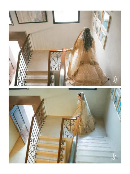 A diptych showing the bride's descent down the stairs, a beautiful and elegant moment captured from two different perspectives.