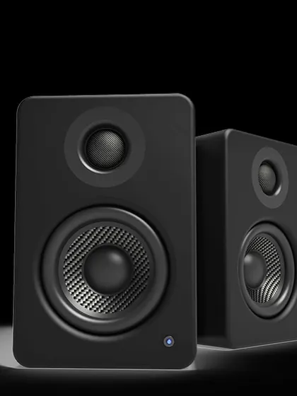 These are the Kanto YU2 powered desktop speakers. They are perfect for upgrading your computer audio, with a built-in sound card that connects directly via USB for clear, detailed sound in a small footprint.