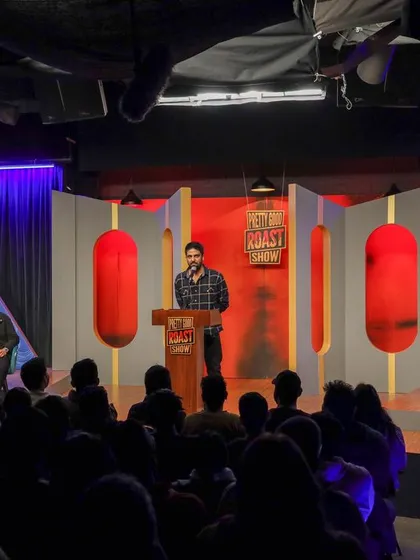 A collection of shots from the Pretty Good Roast Show, showcasing various comedians and moments from the event.