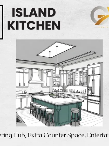 An island kitchen, as shown in this diagram, creates a natural gathering hub in the home. It provides extra counter space for meal prep and is ideal for entertaining guests or casual family meals.