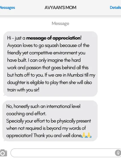 "Such an international level coaching and effort." A message of appreciation from Avyaan's mom, highlighting the friendly yet competitive environment we build for our young players.