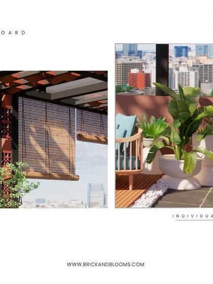 This design concept for a villa terrace combines multiple textures. We used terracotta jali blocks for the pillars of the pergola and bamboo blinds for adjustable shade and privacy.