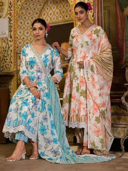 Floral printed suits are a favorite of mine. These angrakha-style kurtas in blue and peach floral prints are breezy, comfortable, and effortlessly chic.