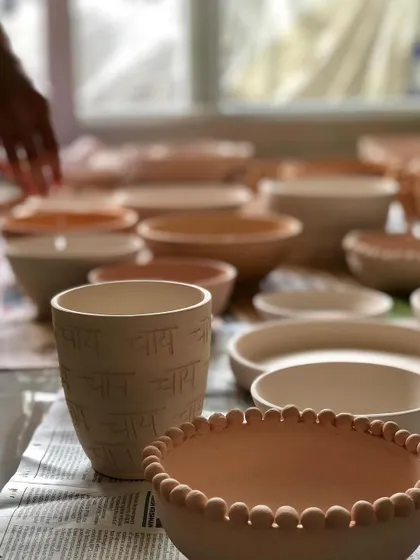 More pieces drying in the studio. This is a quiet moment of anticipation as the clay slowly hardens before it can be fired in the kiln.