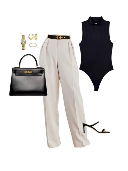 This is a power look that is both simple and incredibly chic. A black sleeveless bodysuit paired with high-waisted cream trousers and a classic black handbag is perfect for the office or a dinner out.