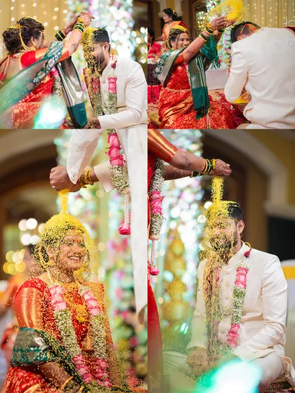 A collage from a mixed Telugu-Marathi wedding, showing the fun and unique 'talambralu' ritual where the couple showers each other with rice.