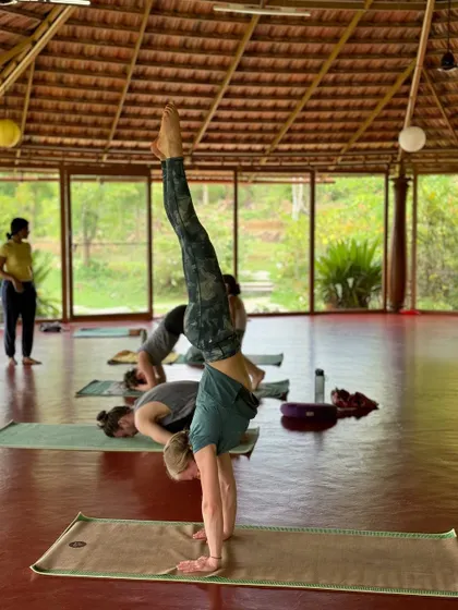 A student holds a handstand in our Chakra Hall, a culmination of dedicated practice and expert guidance. Our workshops are designed to help you build the strength and technique for advanced asanas.