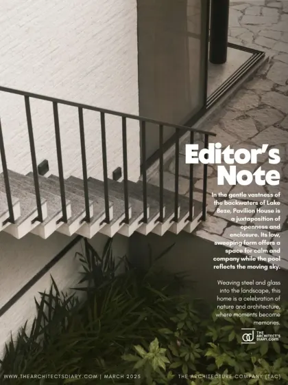 The Editor's Note from The Architect's Diary, describing Pavilion House as a "juxtaposition of openness and enclosure."