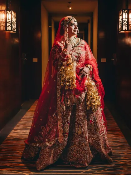 A stunning full-length portrait of the bride in a hotel corridor. The dramatic lighting and her regal pose highlight the grandeur of her traditional kalire and lehenga.