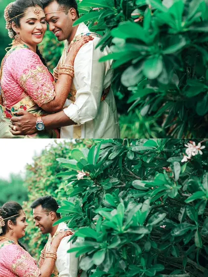 A collage of the couple sharing a romantic embrace in a garden, their happy expressions telling a story of love and togetherness.