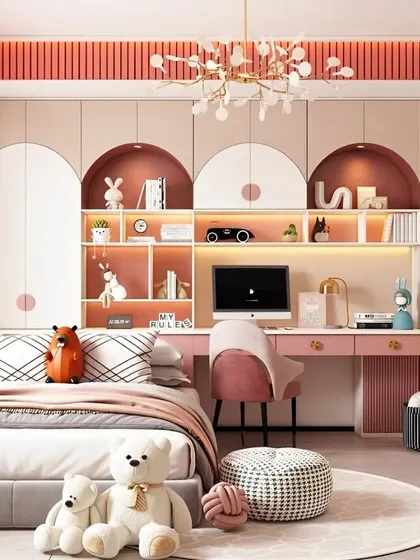A beautifully designed girl's room in shades of pink and peach. The arched shelving units and integrated desk create a sophisticated yet youthful look.