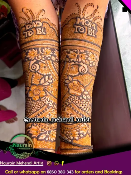 A unique baby shower design on the legs, featuring "Dad to be" and "Mom to be" lettering. It's a fun and personal way to celebrate the parents.