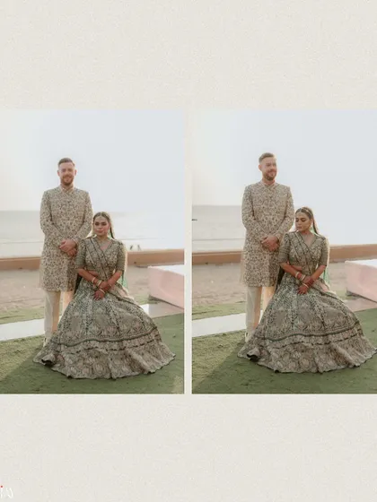 A formal diptych portrait of the couple seated by the beach, showcasing their elegant wedding attire.
