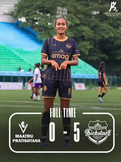 A decisive 5-0 victory. This graphic celebrates a solid win for our Titans, highlighting key goal scorers and the team's strong performance.