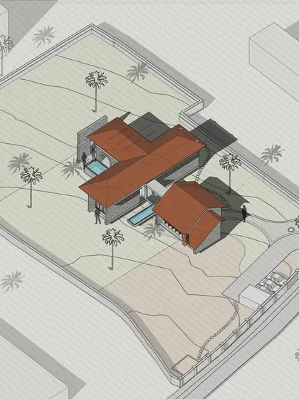 This axonometric drawing shows a more traditional farmhouse concept with sloped roofs. The design breaks the building into smaller volumes, creating interesting courtyards and varied spatial experiences around the home.
