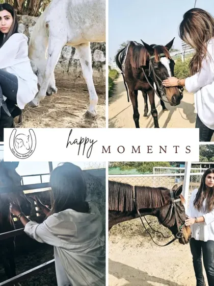 A collage of happy moments, from petting horses in the stables to spending time with them in the arena.