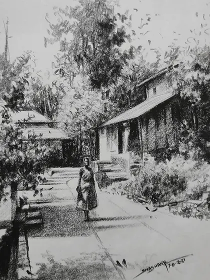 A soft charcoal or pencil sketch of a path through a wooded area, focusing on atmosphere and light.
