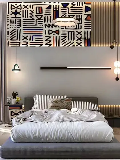 This bedroom showcases a bold, tribal-patterned accent wall, creating a vibrant and energetic feel. The design is perfect for those who want their space to reflect a unique and artistic personality.