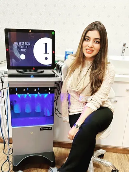 Here I am with the authentic HydraFacial MD machine. I invested in this technology because it delivers proven results for cleansing, exfoliation, and hydration, setting it apart from imitation devices.