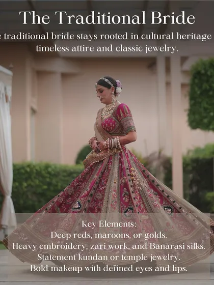 Defining the Traditional Bride. She stays rooted in cultural heritage with timeless attire and classic jewelry. Think deep reds and maroons, heavy embroidery, and statement kundan pieces.