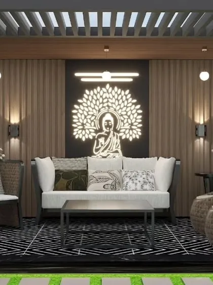 A proposed design for a serene pergola seating area in Karkardooma. The render features a backlit Bodhi tree art piece, comfortable seating, and a swing, creating a peaceful retreat.