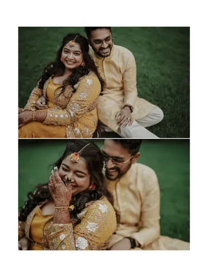 A diptych of the couple sharing a laugh while sitting on the grass, capturing the relaxed and happy atmosphere of their Haldi.