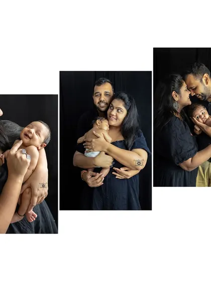 A collage showing the different moments from a single newborn session: the sleepy smiles, the family cuddles, and the individual parent portraits.