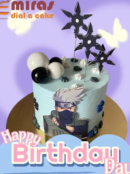 A cool and stylish cake for a Naruto fan, featuring Kakashi Hatake. The design is accented with ninja stars and a light blue frosting, capturing the essence of the skilled shinobi.