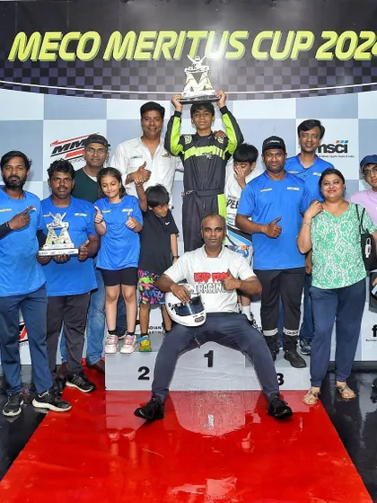 The final championship standings for the Meco Meritus Cup & IKAT 2024. This image shows the Kartkrew Motorsports team celebrating their Senior Max champion, Siddharth Rooso.
