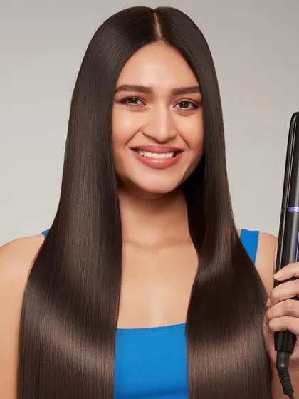 A commercial photograph for a BBlunt hair straightener. The model holds the styling tool while showcasing her perfectly straight, glossy hair, directly linking the product to the professional-quality result.