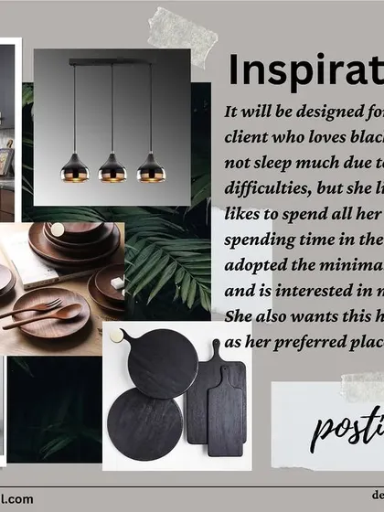 An inspiration board for a client who loves black and modern design, focusing on creating a relaxing kitchen space with minimalist dinnerware and dark wood tones.