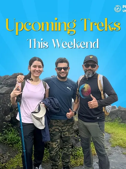 A poster for our upcoming weekend treks, featuring a group of three trekkers on a trail.