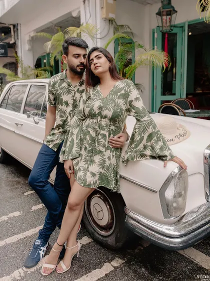 A vintage-inspired shot with a classic car in the old town of Phuket. This demonstrates how we can incorporate unique props and settings to create a specific theme for your shoot.