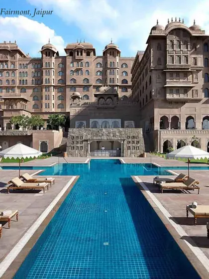 The magnificent poolside of the Fairmont in Jaipur. This venue combines modern luxury with the stunning architecture of a Rajasthani palace, perfect for a royal wedding.