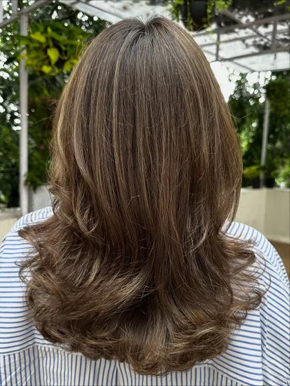 The back view of the final look. The new color and blowout make the hair look so much healthier and more vibrant.