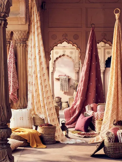 We staged a bustling, vibrant marketplace to showcase the 'Spice Market' textile collection. This environmental shot builds a world around the products, evoking the sights and smells of an Indian bazaar.
