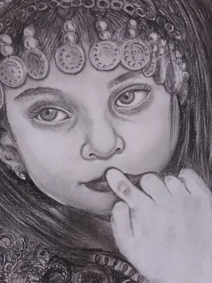 This charcoal and pencil drawing of a young girl in traditional attire was a study in capturing delicate features and intricate details. We focused on the expressive eyes and the metallic texture of her headpiece.