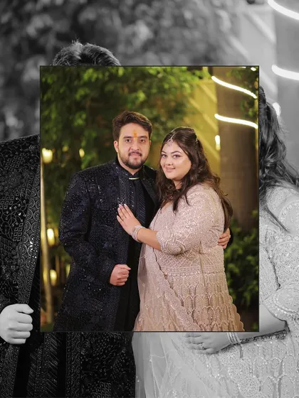 An artistic edit of a couple's portrait from their engagement. The layering of a color photo over a black and white background creates a modern and unique look.
