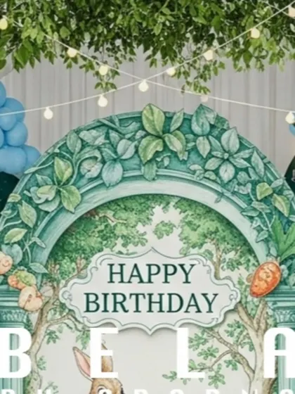 A close-up of the ornate archway detail on the main backdrop. The intricate leaf carvings and "Happy Birthday" sign are central to the stage's design, framing the celebration's main events.
