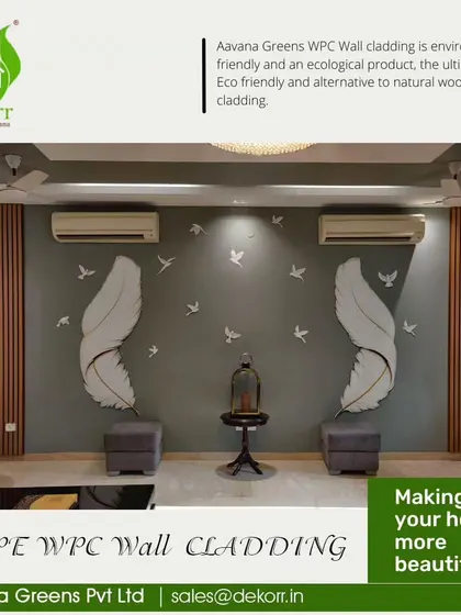 This living room wall features a creative combination of my WPC fluted panels on the sides and a custom art decal in the center. It shows how my wall treatments can be integrated with other decor elements to create a personalized space.